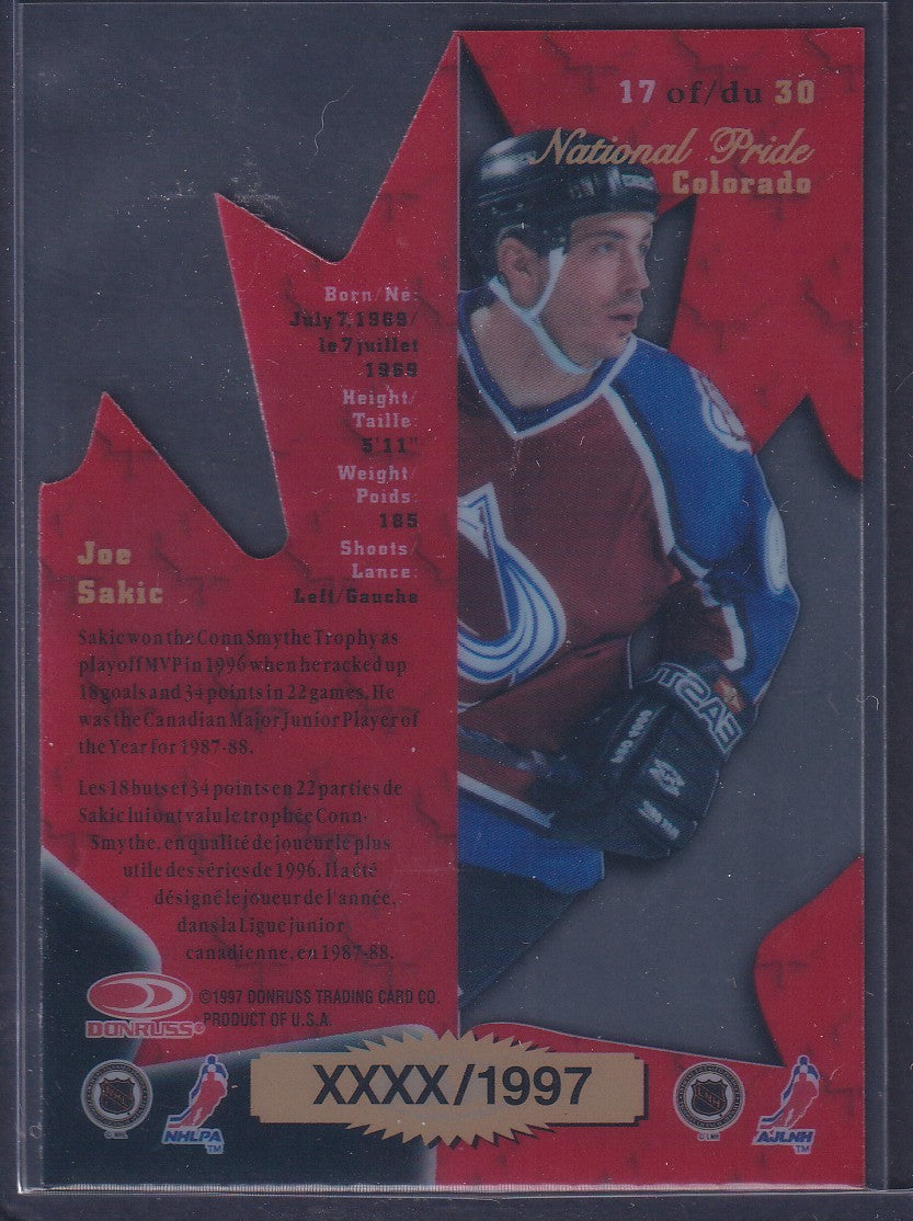 JOE SAKIC - 1997 Donruss Canadian Ice National Pride Clear Cut Die Cut #17, xxxx/1997