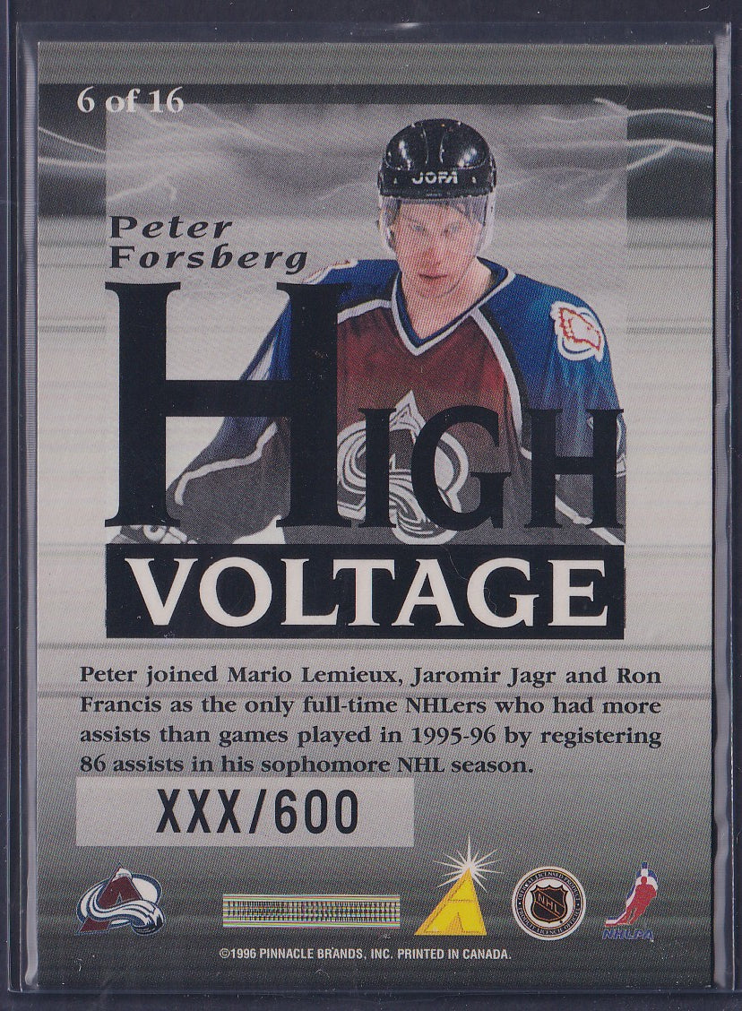 PETER FORSBERG - 1996 Pinnacle Summit High Voltage #6, xxx/600