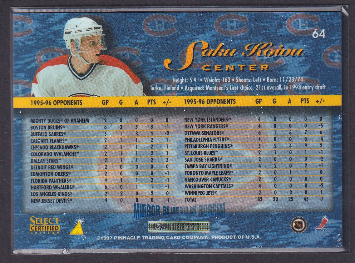 SAKU KOIVU - 1996 Pinnacle Select Certified MIRROR Blue w/ Coating #64