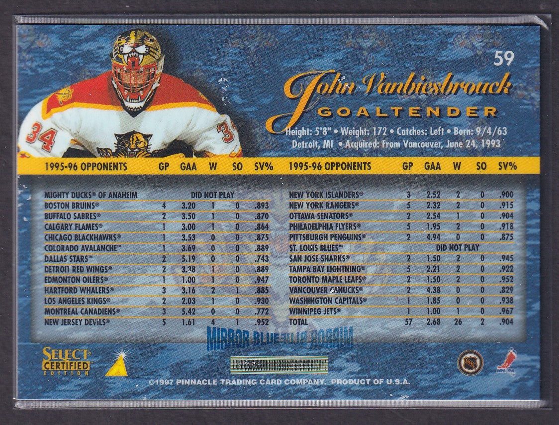 JOHN VANBIESBROUCK - 1996 Pinnacle Select Certified MIRROR Blue w/ Coating #59