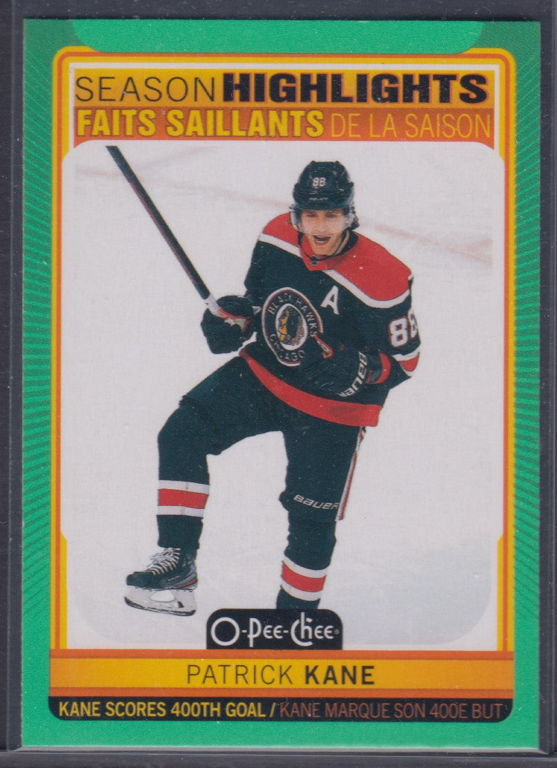 PATRICK KANE, 2021 O-Pee-Chee Season Highlights GREEN #592, /50