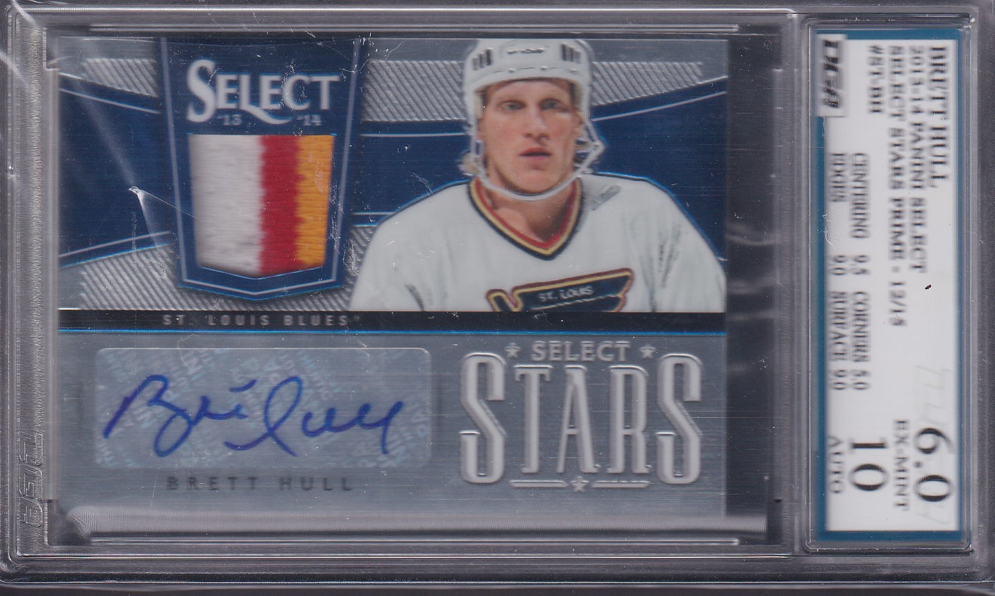 BRETT HULL, 2013 Panini Select Stars Auto Patch #ST-BH, /15, DGA 6/10