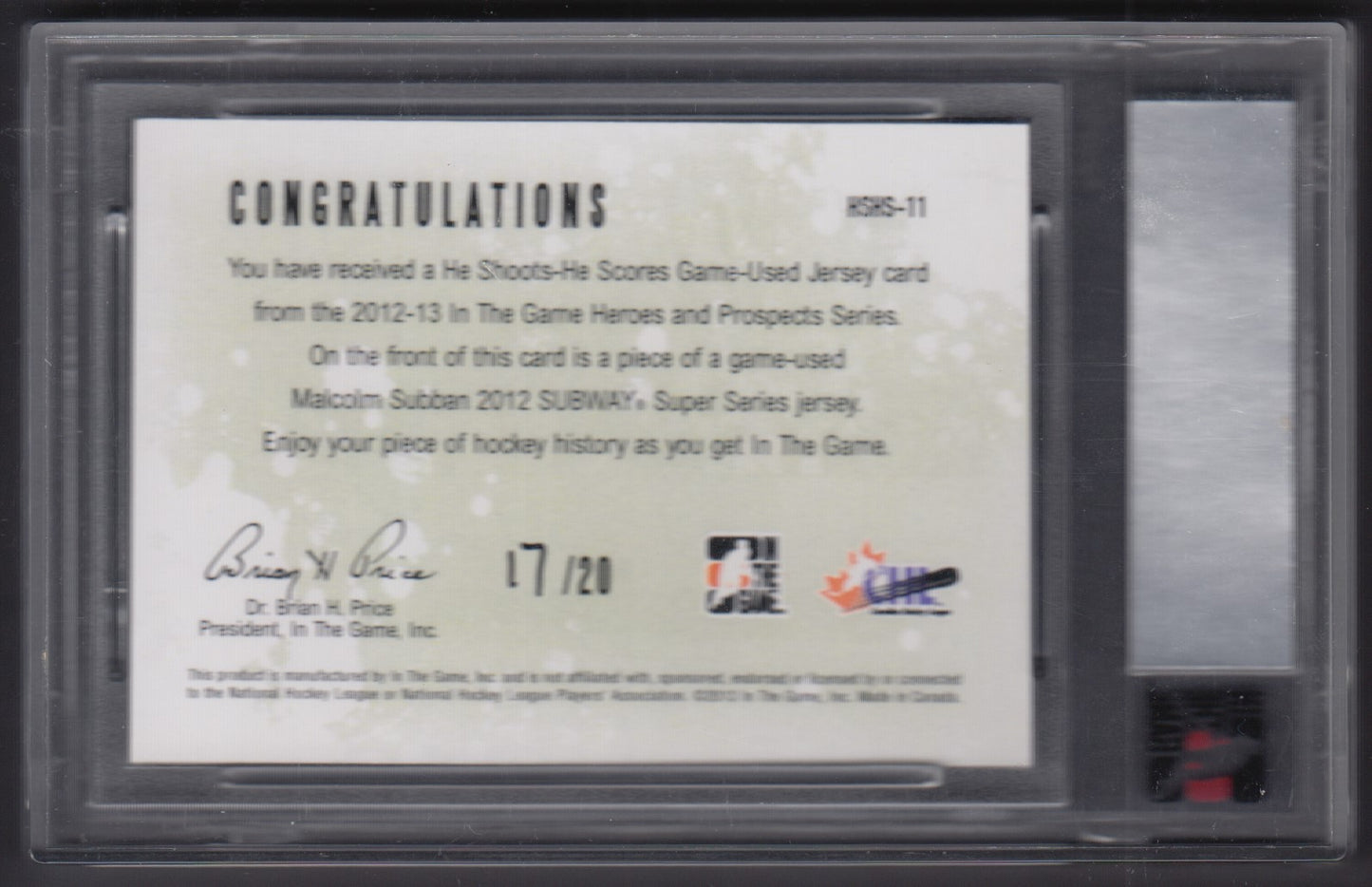 MALCOLM SUBBAN, ITG Game Used Jersey #HSHS-11, Patch, /20