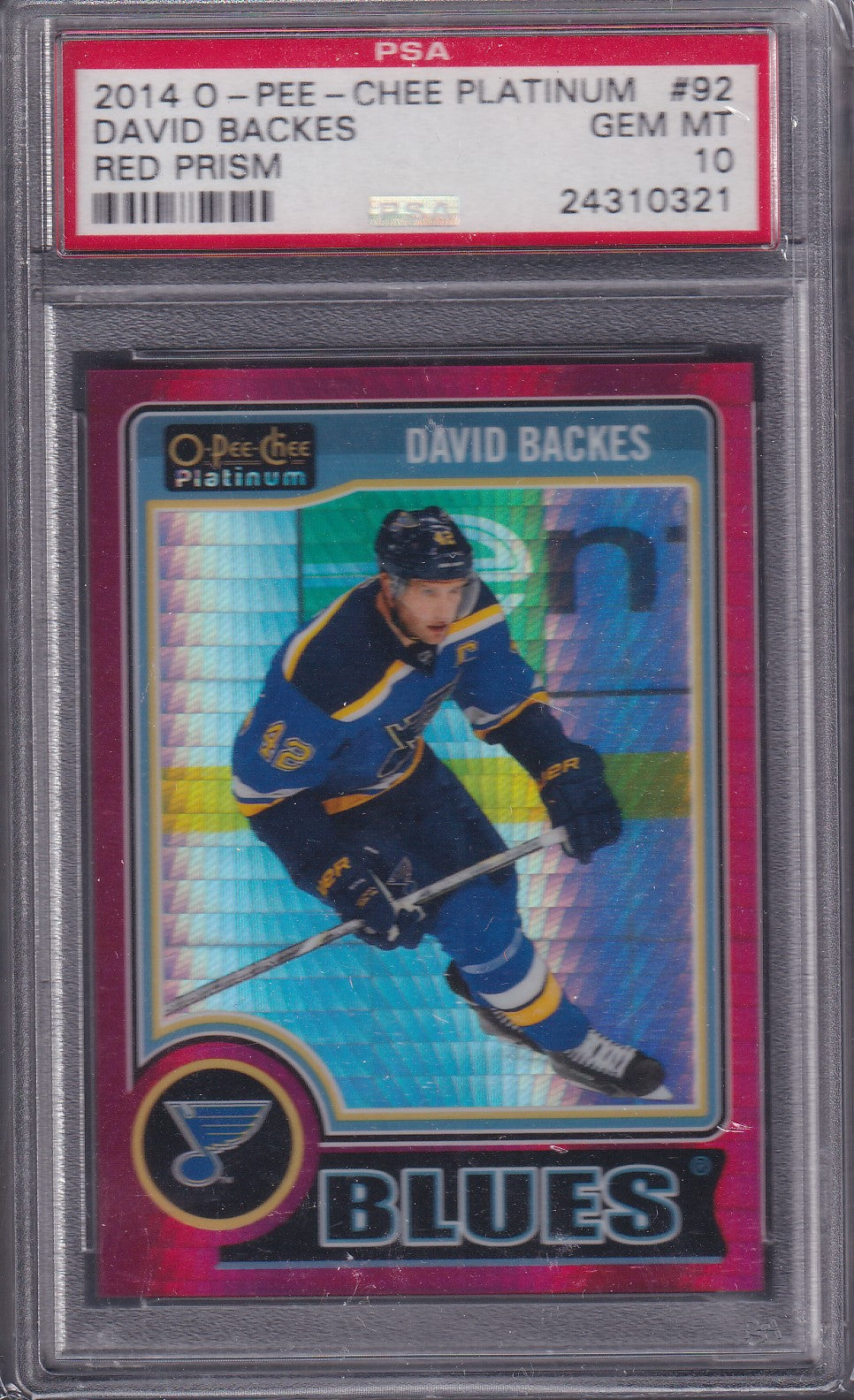 DAVID BACKES, 2014 O-Pee-Chee Platinum Red Prism #92, PSA 10, /135
