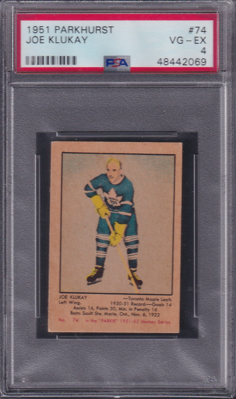 JOE KLUKAY - 1951 Parkhurst #74, PSA 4