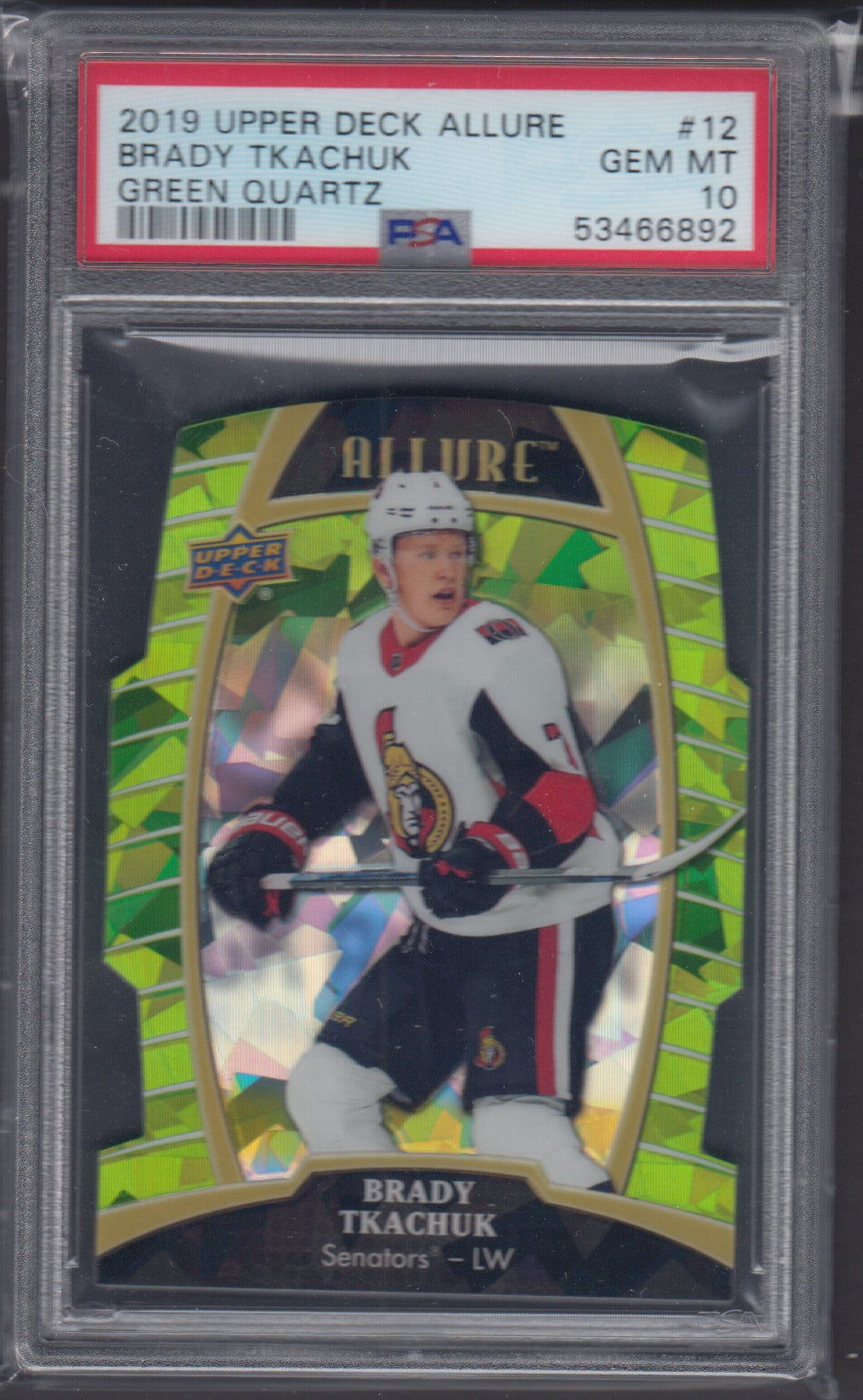 BRADY TKACHUK, 2019 Upper Deck Allure Green Quartz 11/99 #12, PSA 10