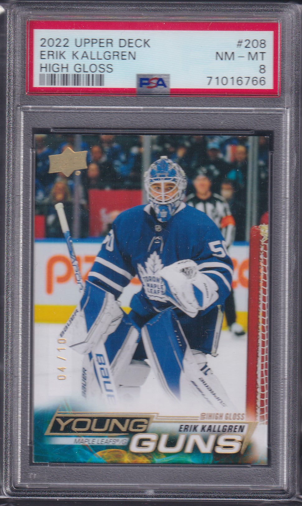 ERIK KALLGREN - 2022 Upper Deck Young Guns HIGH GLOSS #208, /10, PSA 8