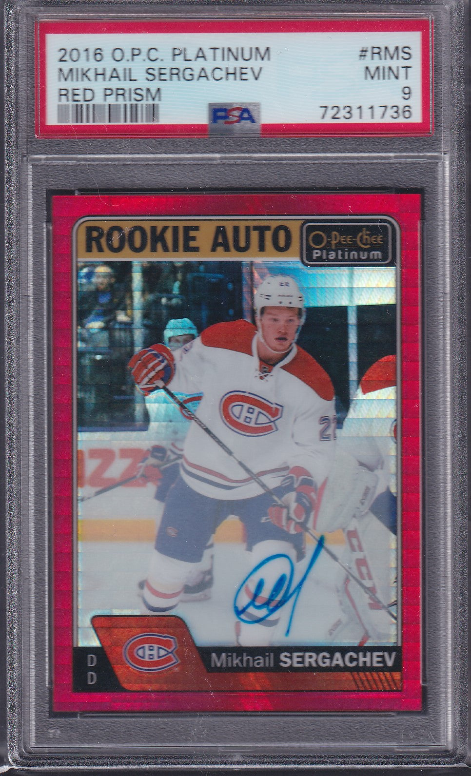 MIKHAIL SERGACHEV - 2016 O-Pee-Chee Rookie Auto RED PRISM #R-MS, /50, PSA 9