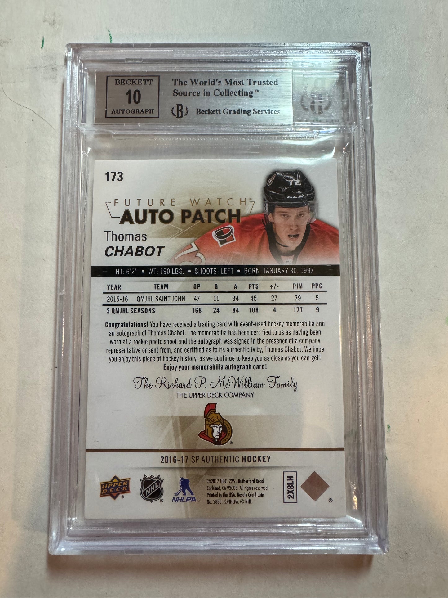 THOMAS CHABOT - 2016 SP Authentic Future Watch Auto Patch #173, /100, BGS 8.5/10