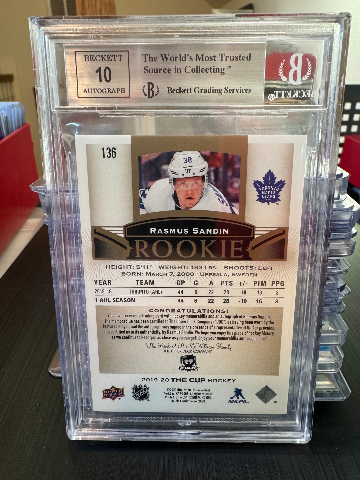 RASMUS SANDIN - 2019 The Cup Rookie Patch Auto GOLD #136, /24, BGS 9/10