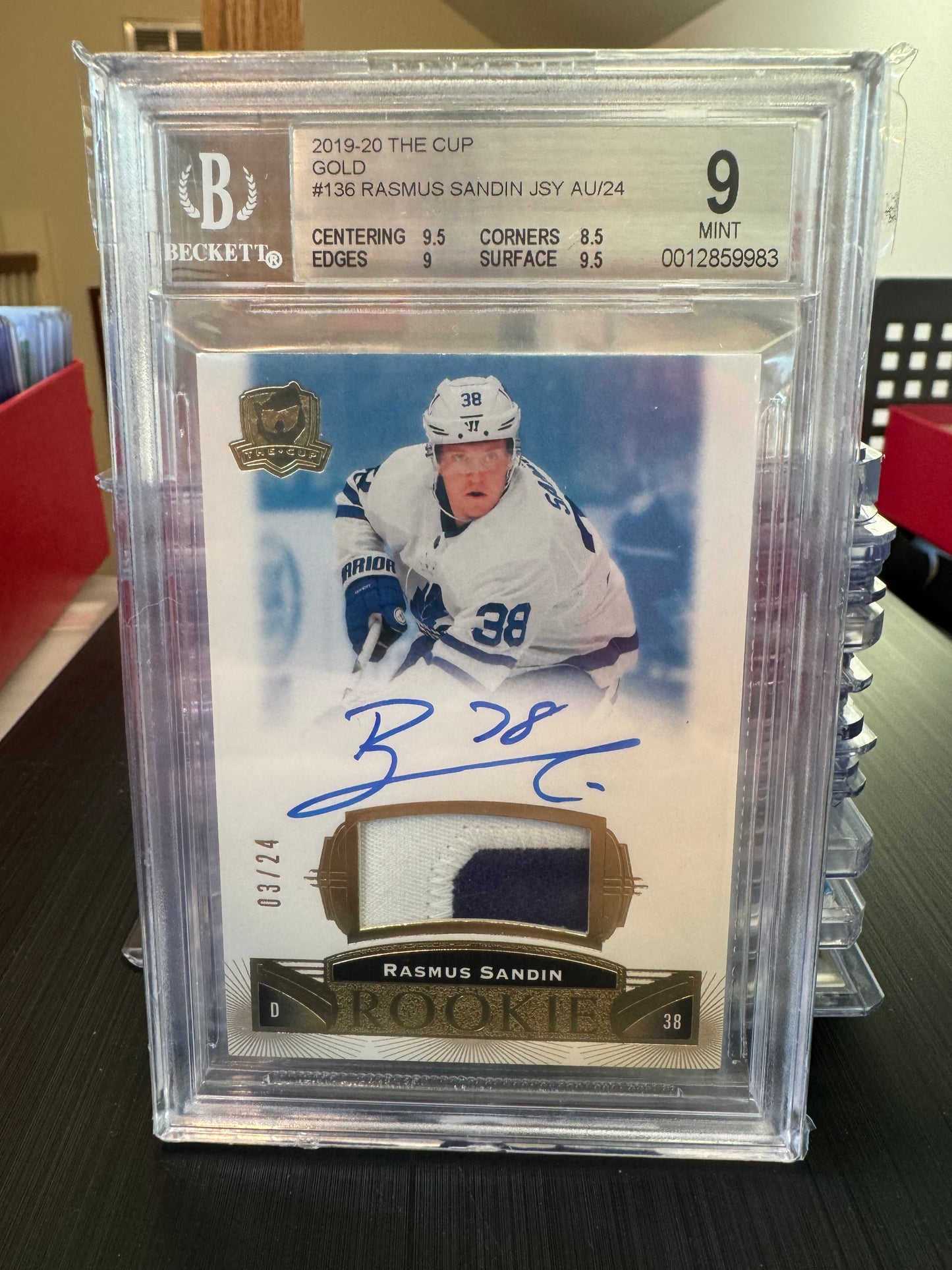 RASMUS SANDIN - 2019 The Cup Rookie Patch Auto GOLD #136, /24, BGS 9/10