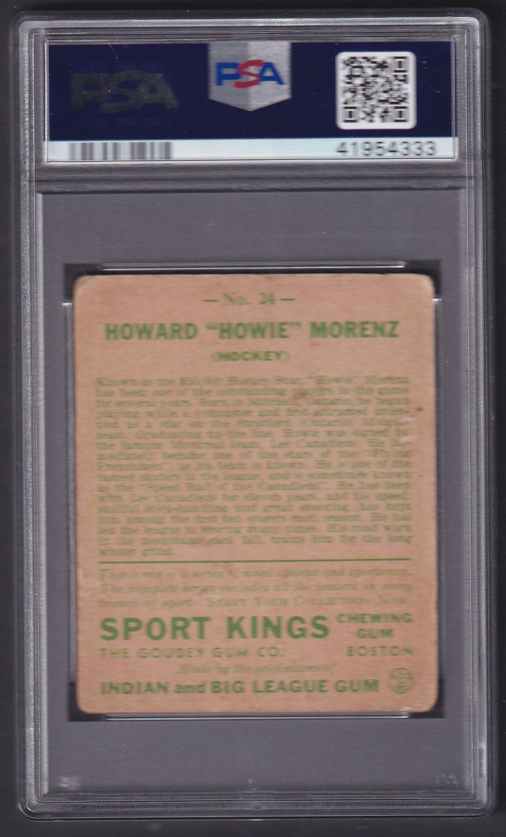 HOWIE MORENZ - 1933 Sport Kings Hockey #24, PSA 1