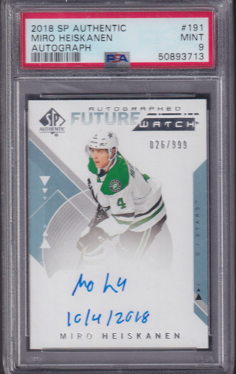 MIRO HEISKANEN - 2018 SP Authentic Future Watch Auto INSCRIBED #191, /50 PSA 9