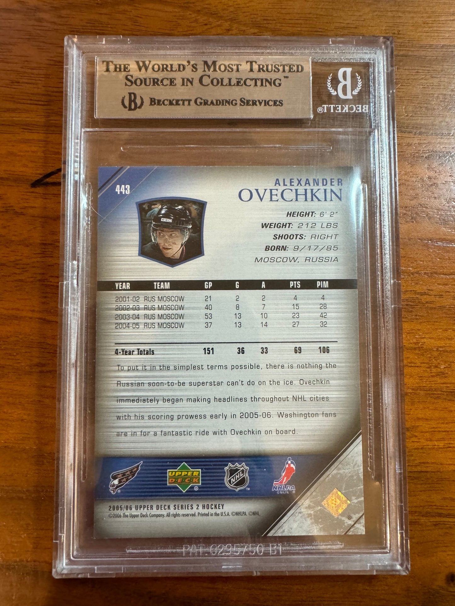 ALEXANDER OVECHKIN - 2005 Upper Deck Young Guns #443, BGS 9