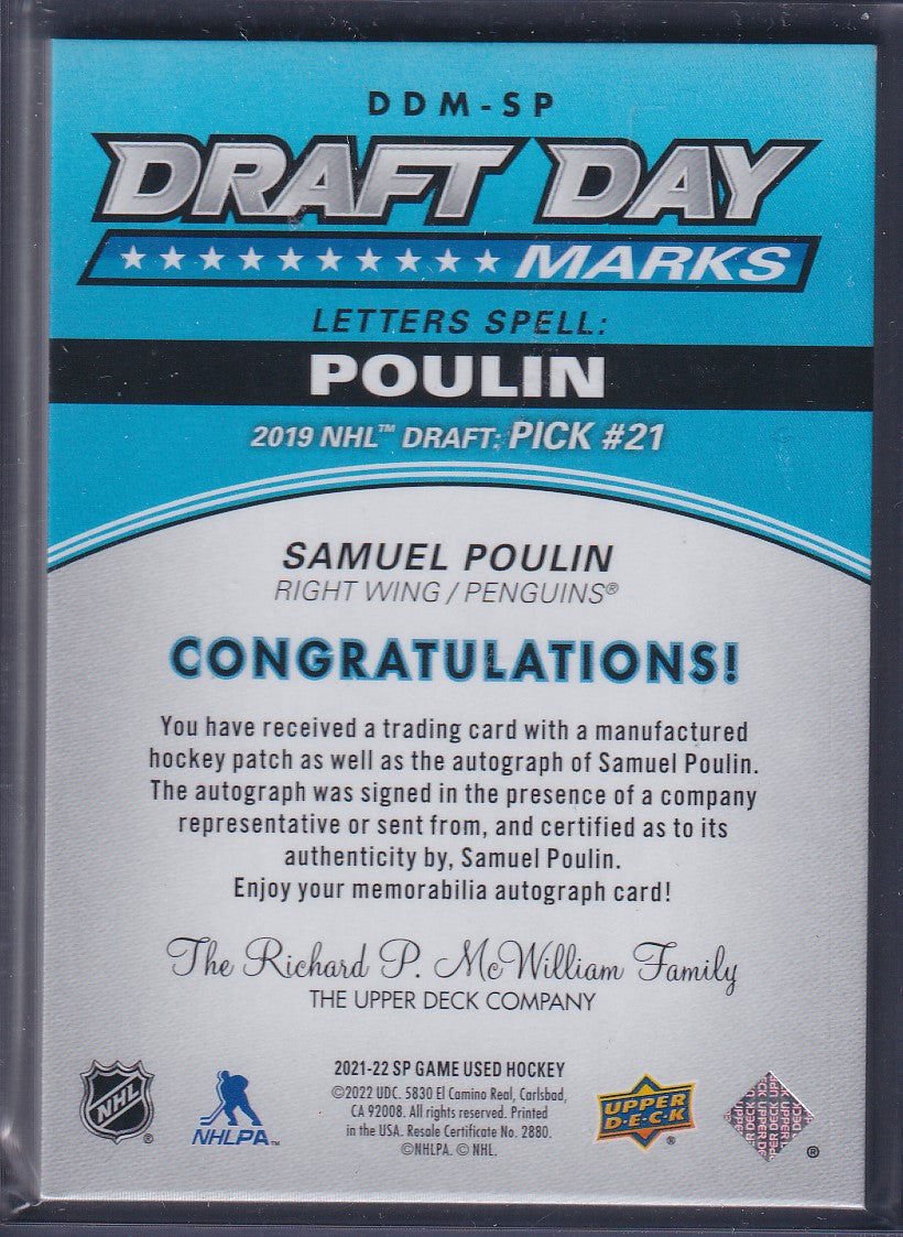SAMUEL POULIN - 2021 SP Game Used Draft Day Marks L Auto #DDM-SP, /35