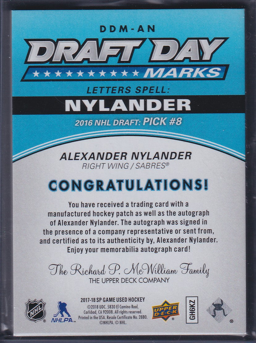ALEXANDER NYLANDER - 2017 SP Game Used Draft Day Marks E Auto #DDM-AN, /35