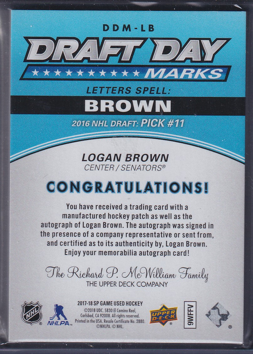 LOGAN BROWN - 2017 SP Game Used Draft Day Marks R Auto #DDM-LB, /35