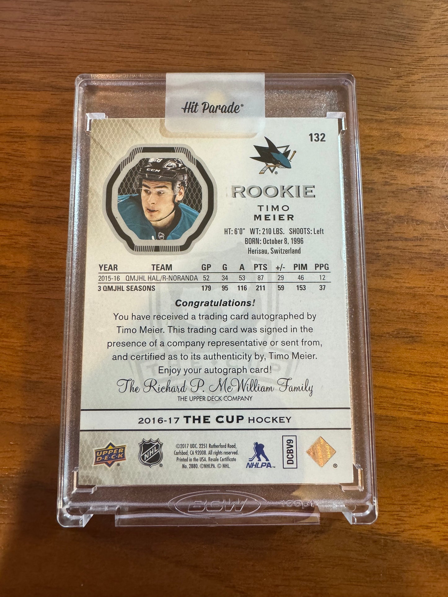 TIMO MEIER - 2016 The Cup Autographed Rookie Auto #132, /36