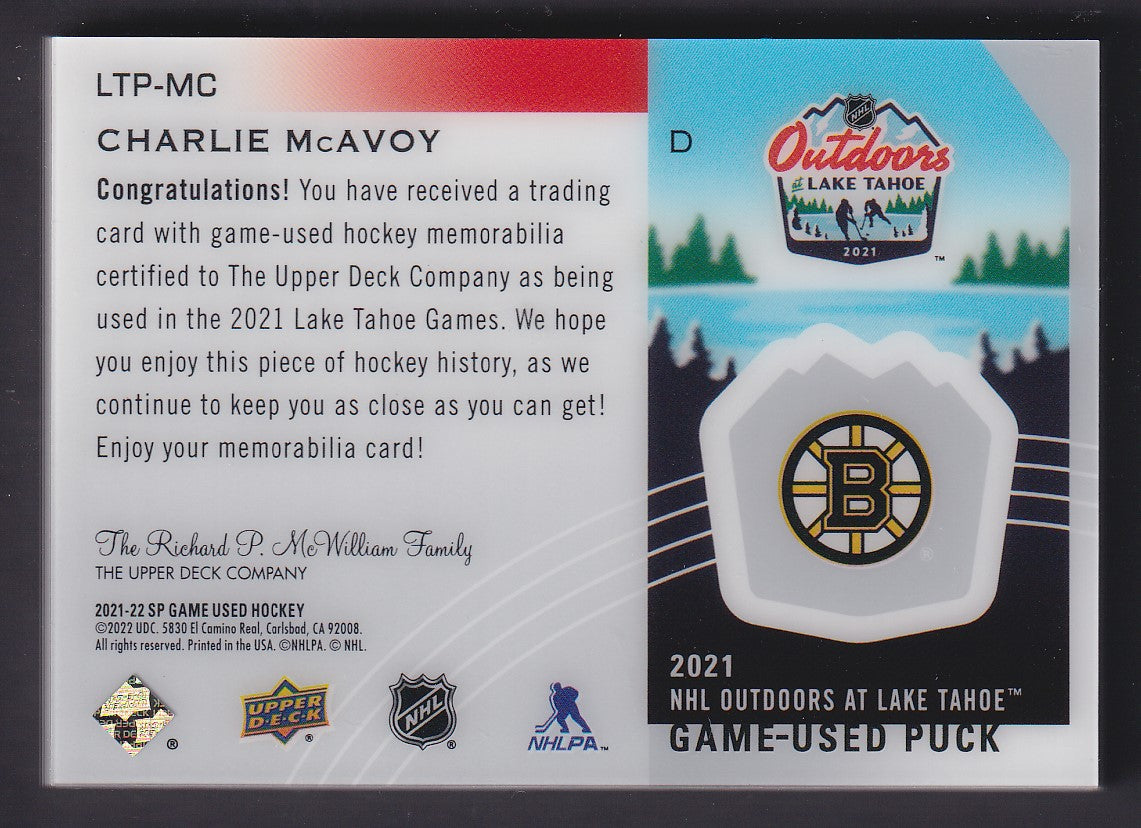 CHARLIE MCAVOY - 2021 SP Game Used Lake Tahoe Game-Used Puck #LTP-MC, /6