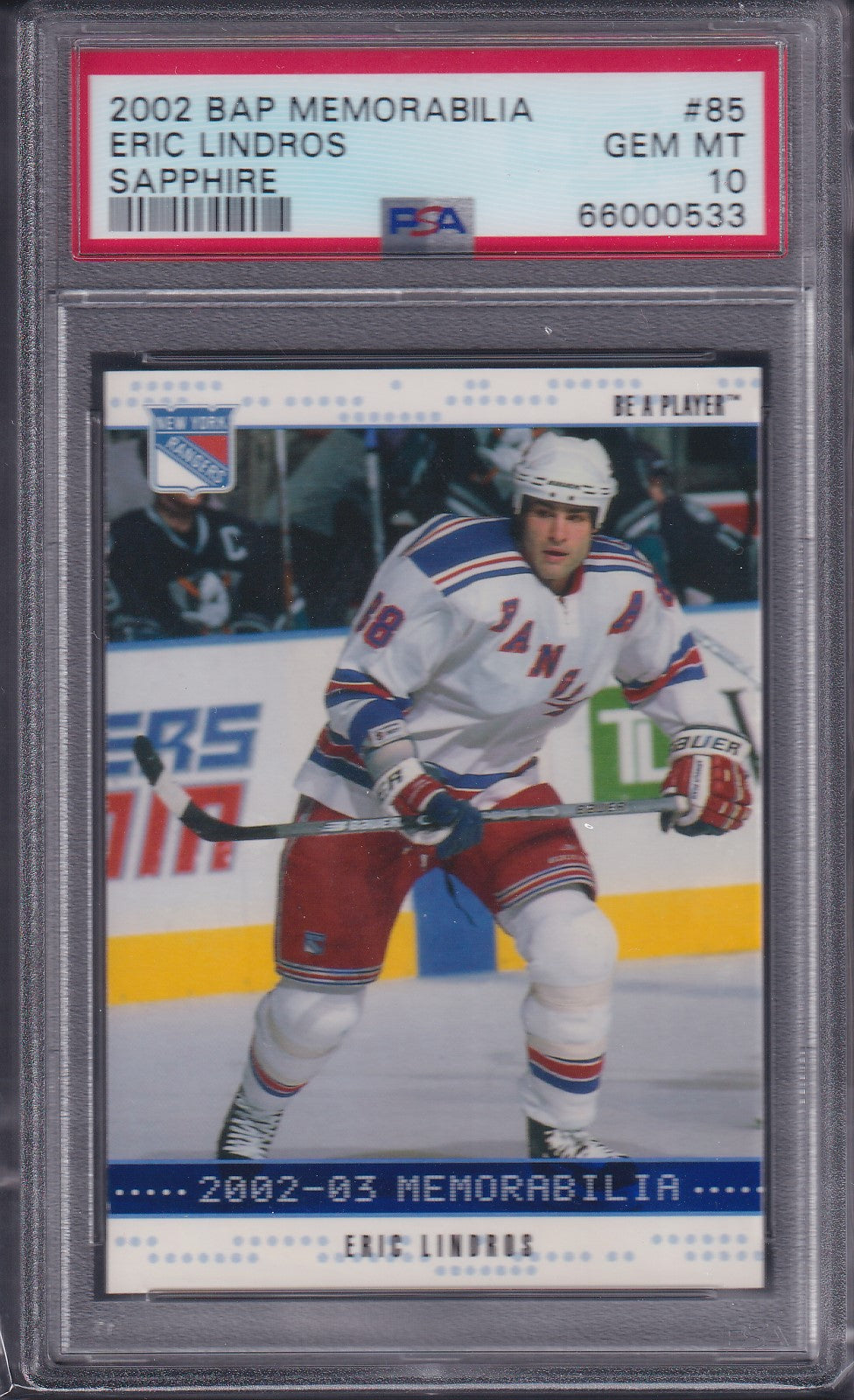 ERIC LINDROS - 2002 BAP Memorabilia Sapphire #85, /100, PSA 10