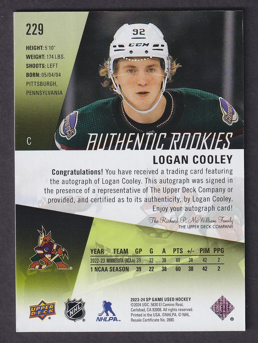 LOGAN COOLEY - 2023 SP Game Used Authentic Rookies Auto #229, 1/1