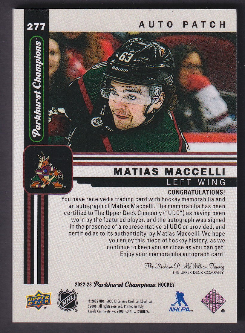 MATIAS MACCELLI - 2022 Parkhurst Champions Rookie Auto Patch #277, /35