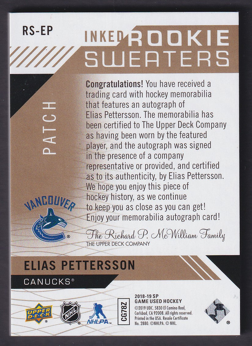 ELIAS PETTERSSON - 2018 SP Game Used Inked Rookie Sweaters Auto Patch #RS-EP /49