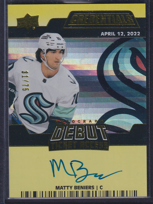 MATTY BENIERS - 2022 Upper Deck Credentials Rookie Debut Auto #DTAA-BE, /75