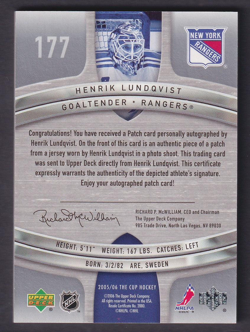 HENRIK LUNDQVIST - 2005 The Cup Rookie Auto Patch #177, /199