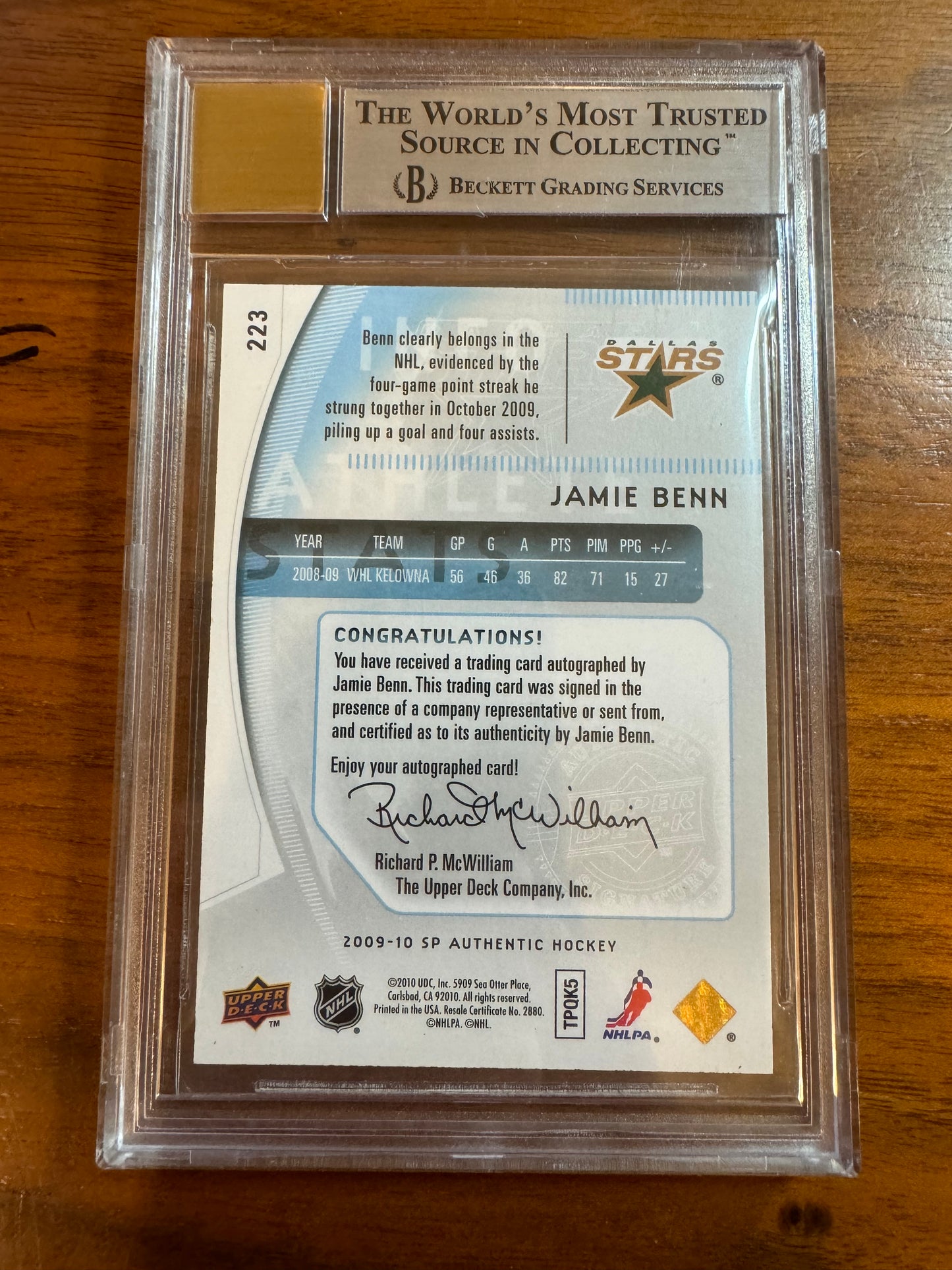 JAMIE BENN - 2009 SP Authentic Future Watch Auto #223, /999, BGS 9/10