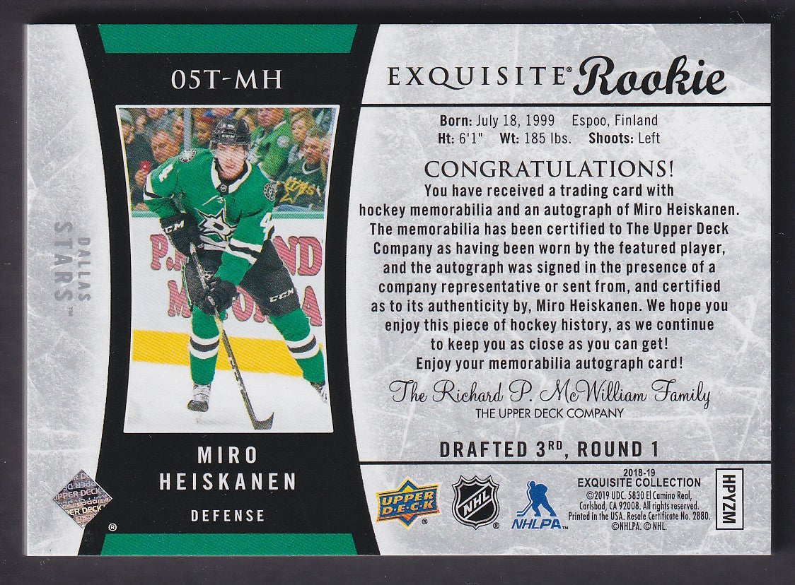 MIRO HEISKANEN - 2018 Upper Deck Exquisite Rookie Auto Patch #05T-MH, /25