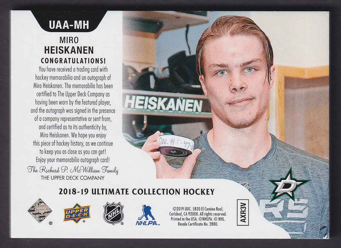 MIRO HEISKANEN - 2018 Ultimate Access Rookie Auto Patch #UAA-MH, /25 (corner)