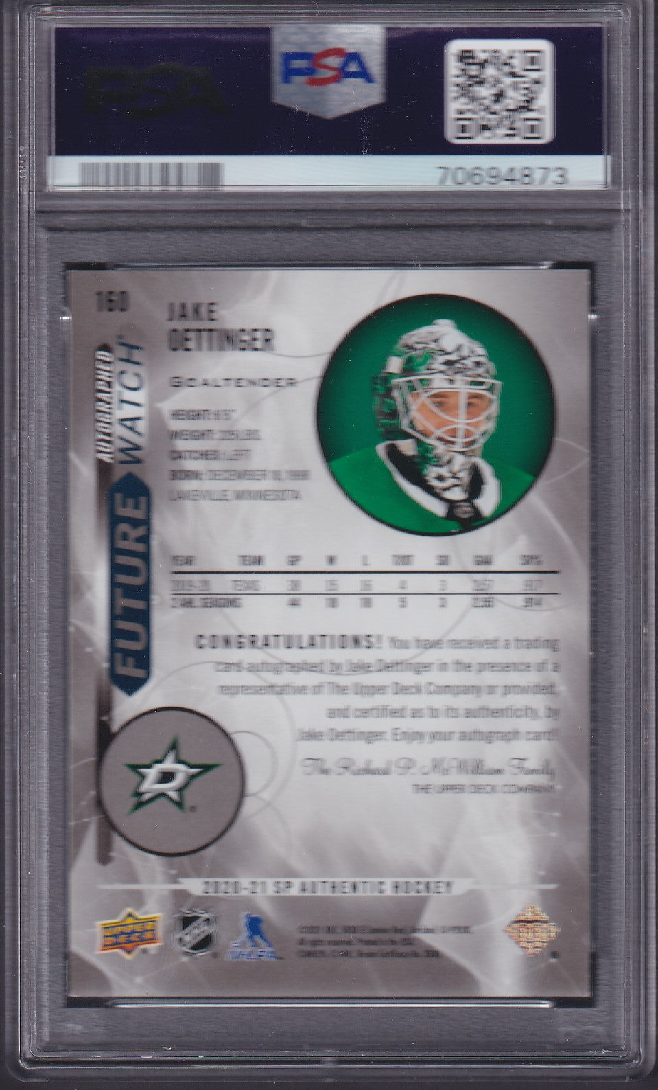 JAKE OETTINGER - 2020 SP Authentic Future Watch Gold on BLACK, 5-10 Printed, PSA 8