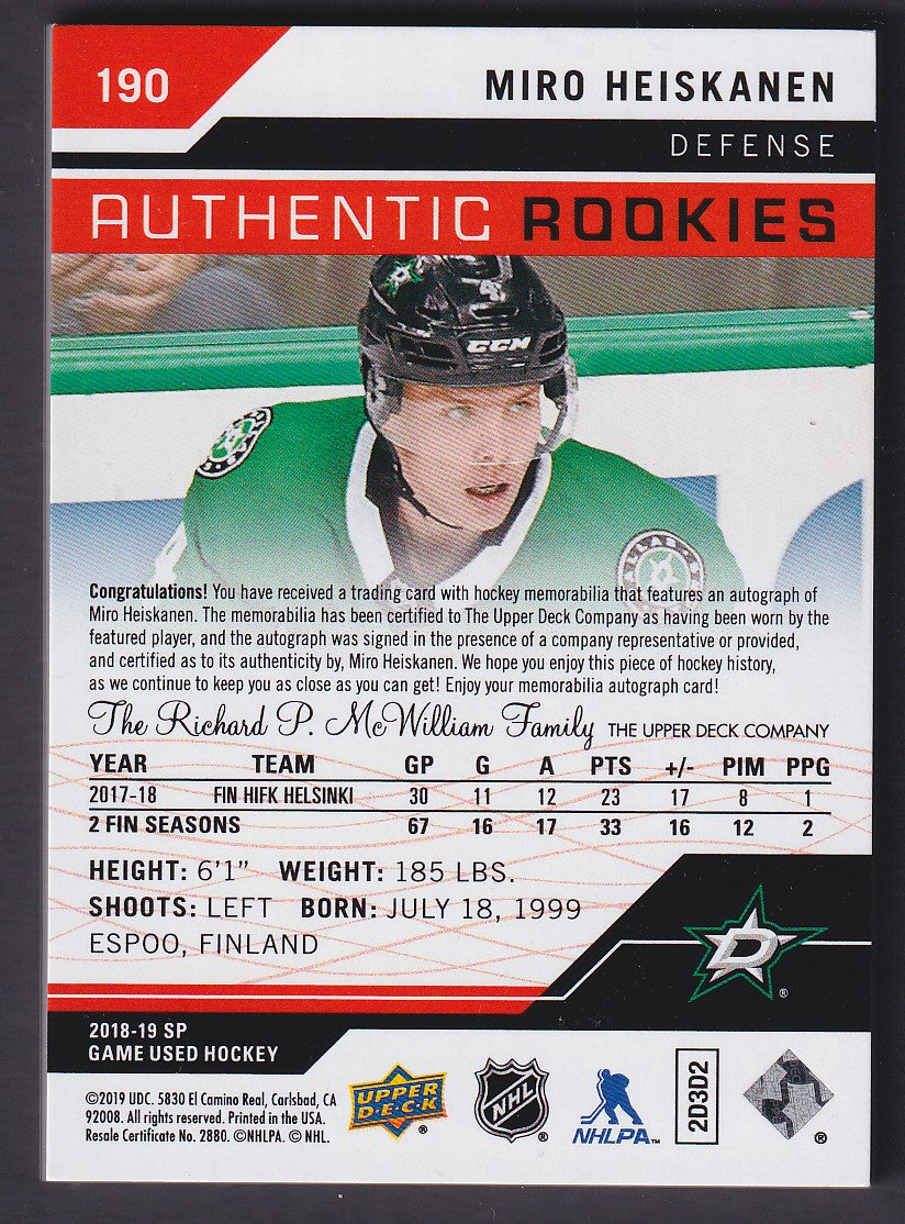 MIRO HEISKANEN - 2018 SP Game Used Authentic Rookies Auto Patch #190, /15