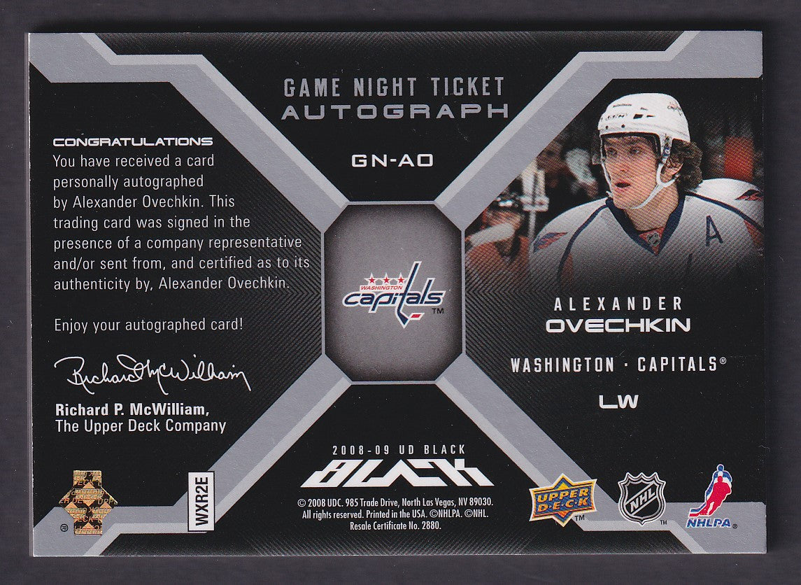 ALEX OVECHKIN - 2008 Upper Deck Black Game Night Ticket Auto #GN-AO, /25