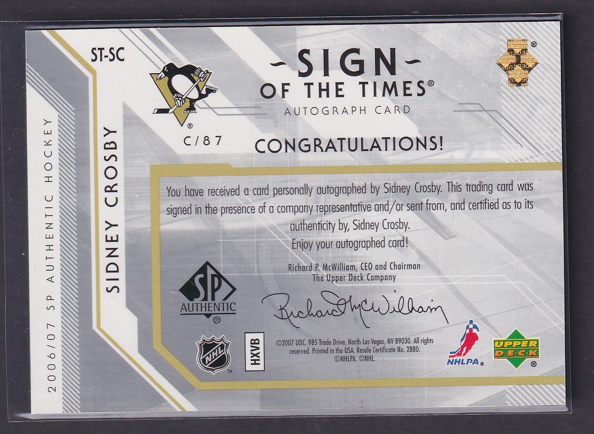 SIDNEY CROSBY - 2006 SP Authentic Sign of the Times Auto #ST-SC