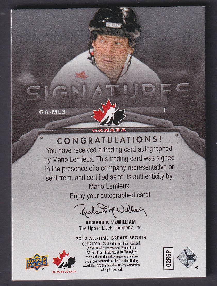 MARIO LEMIEUX - 2012 Upper Deck All-Time Greats Signatures Auto #GA-ML3, /15