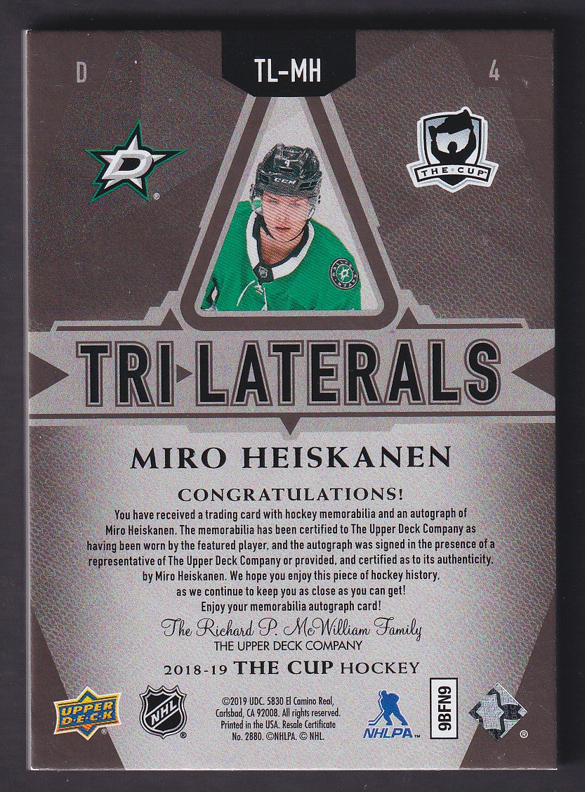 MIRO HEISKANEN - 2018 The Cup Tri-Laterals Rookie Auto Patch #TL-MH, /13