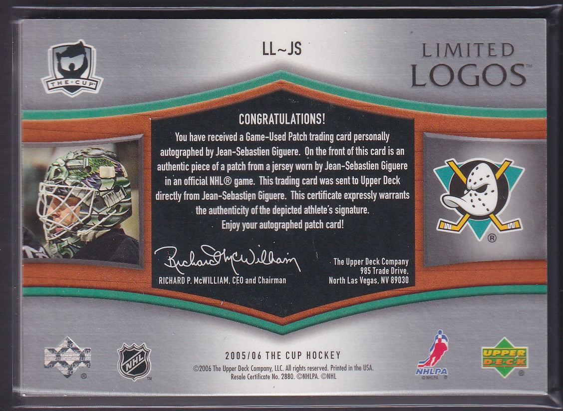 JEAN-SEBASTIEN GIGUERE - 2005 The Cup Limited Logos Auto Patch #LL-JS, /50