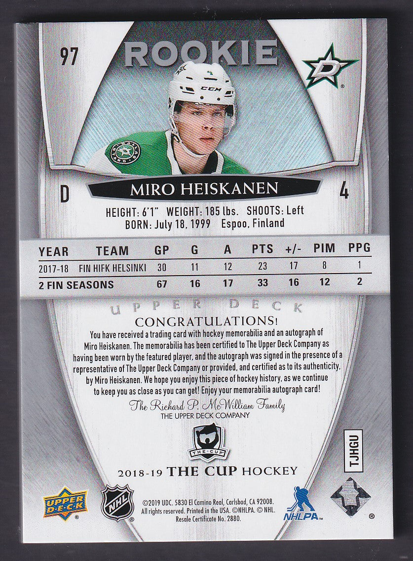 MIRO HEISKANEN - 2018 Upper Deck Cup Rookie Auto Patch #97, /249