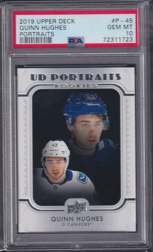 QUINN HUGHES - 2019 Upper Deck UD Portraits Rookies #P-45, PSA 10