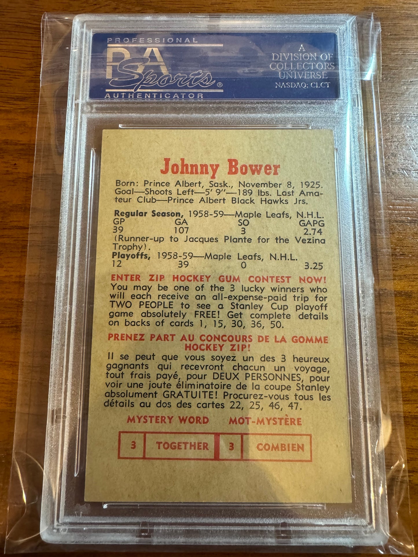 JOHNNY BOWER - 1959 Parkhurst #32, PSA 7