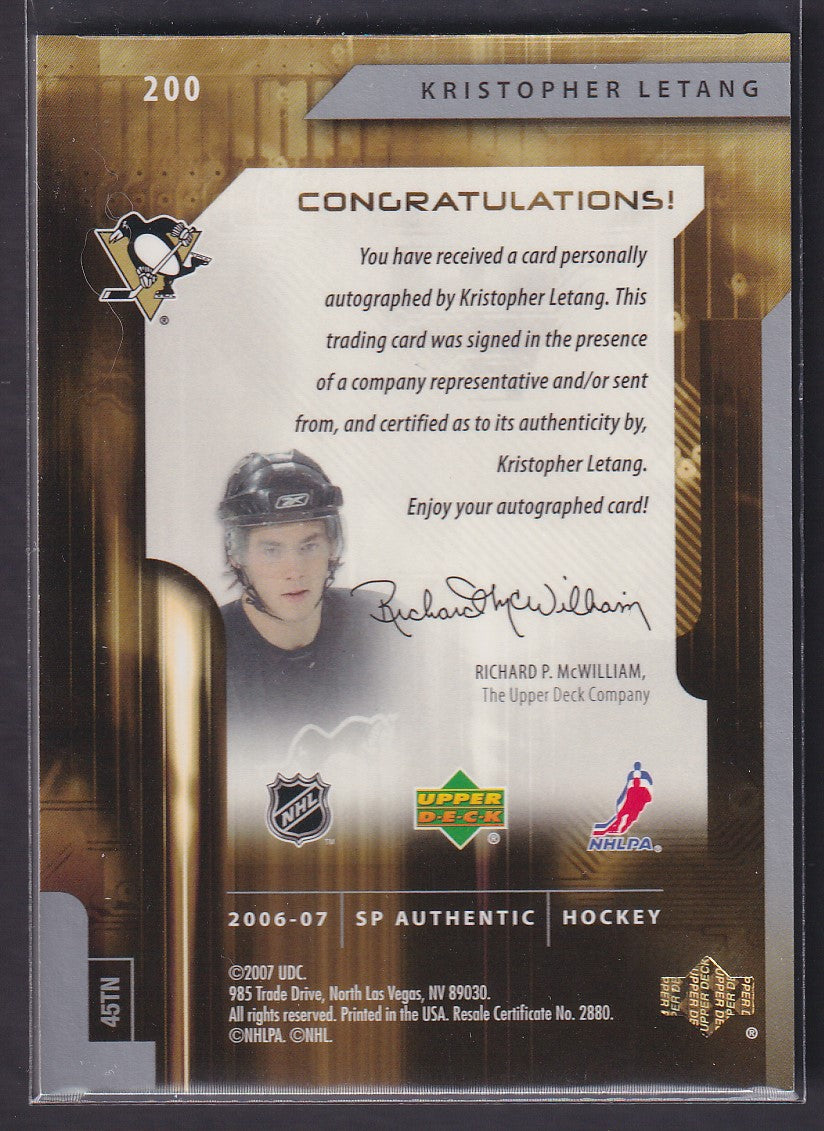 KRISTOPHER LETANG - 2006 SP Authentic Future Watch Auto #200, /999