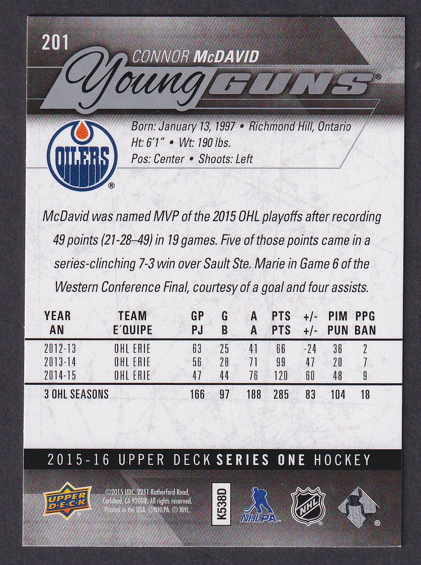 CONNOR MCDAVID - 2015 Upper Deck Young Guns #201