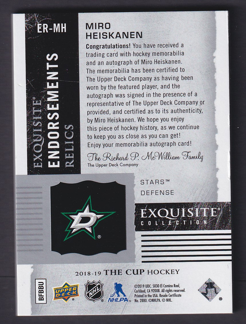 MIRO HEISKANEN - 2018 The Cup Exquisite Endorsements Rookie Auto Patch /50