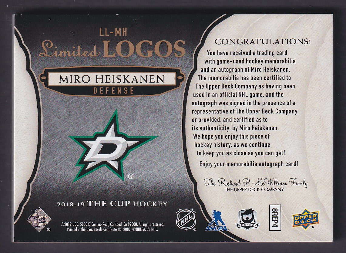 MIRO HEISKANEN - 2018 The Cup Rookie Limited Logos Auto #LL-MH, /50