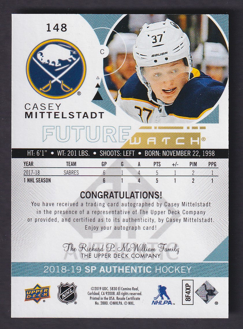 CASEY MITTELSTADT - 2018 SP Authentic Future Watch Auto INSCRIBED #148, /50