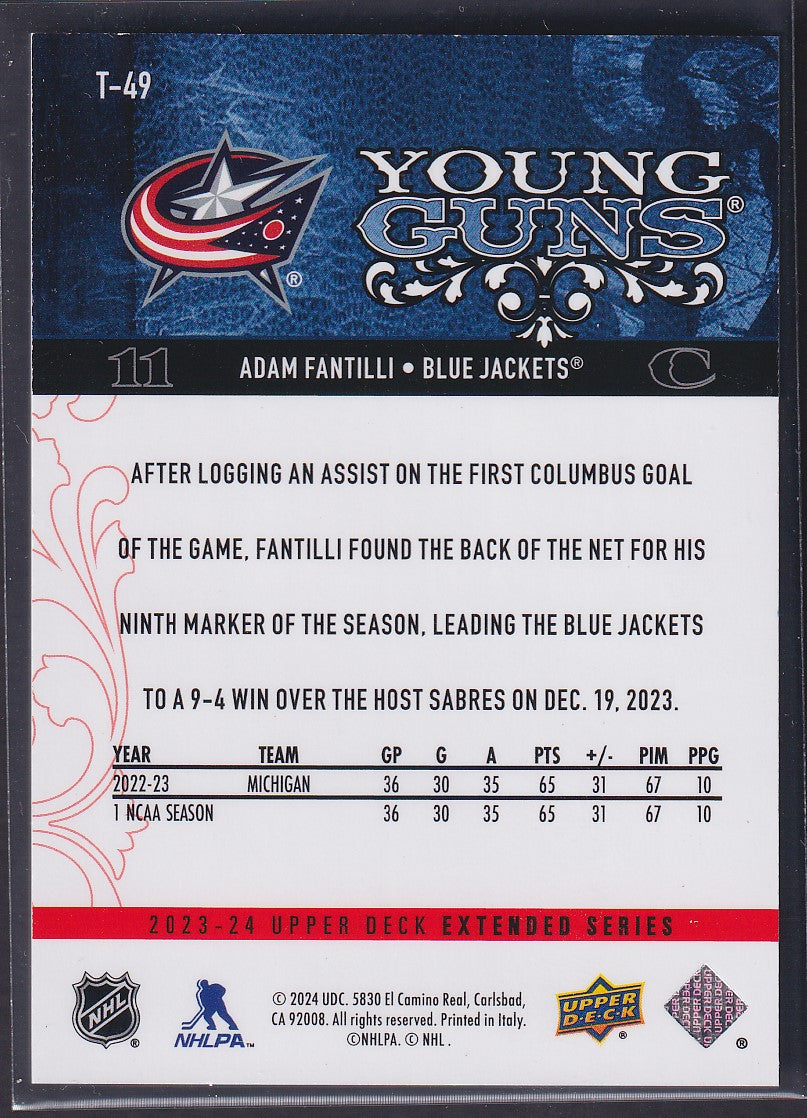 ADAM FANTILLI - 2023 Upper Deck Young Guns Extended EXCLUSIVES #T-49, /100