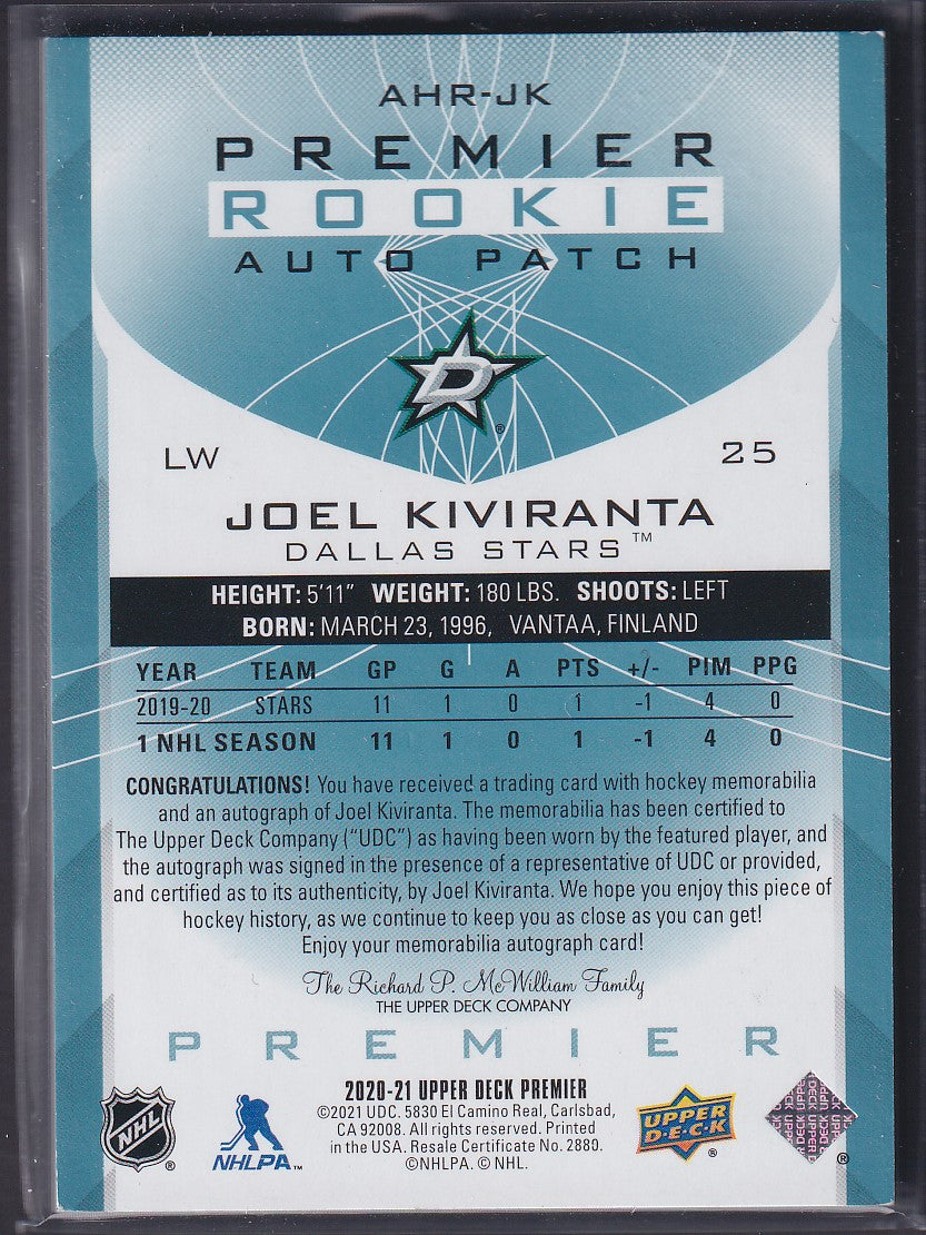 JOEL KIVIRANTA - 2020 Upper Deck Premier Rookie Auto Patch #AHR-JK, 1/1