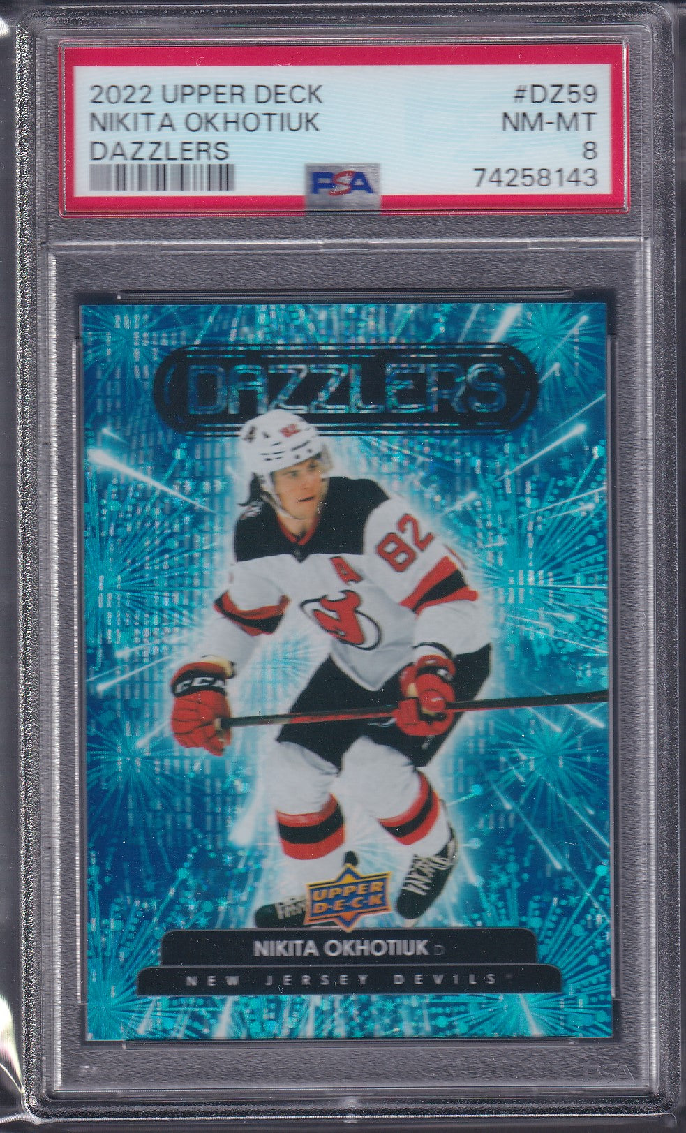 NIKITA OKHOTIUK - 2022 Upper Deck Dazzlers BLUE #DZ59, PSA 8